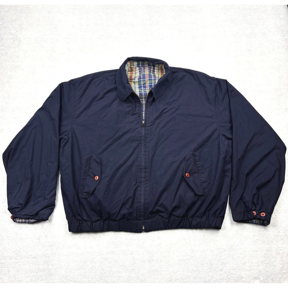 Vintage 80s JCrew Jacket Mens XL Reversible Plaid Navy Harrington Bomber Korea